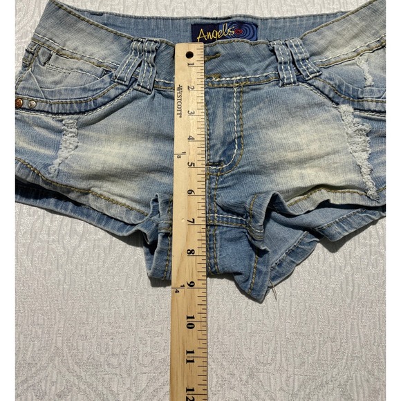 Angels Y2K Low Rise Denim Shorts Light Wash Distressed Blue Juniors Size 7 - Picture 5 of 8